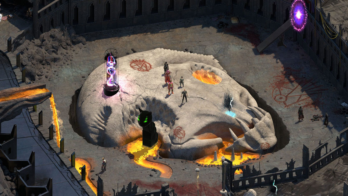 isometric view of charaters on a skull