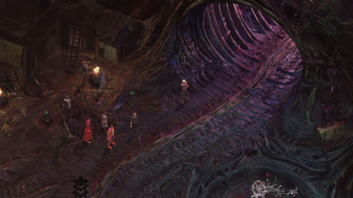 isometric view of an alien-organic tunnel with characters standing around