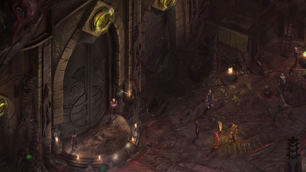 isometric view of a large gated door in the alien-organic underground