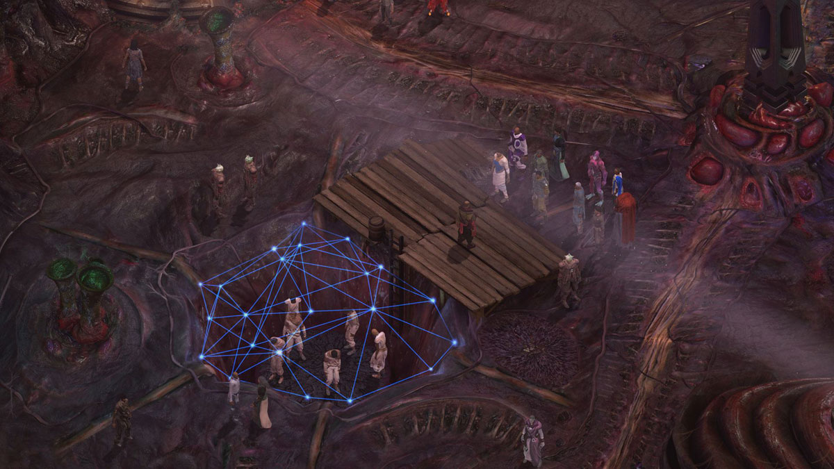 isometric view of characters in the alien-organic city, some characters seem trapped in a blue stasis field