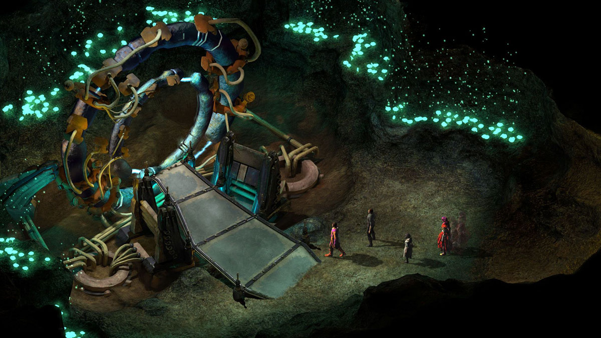 isometric view of characters approaching a shoddy-looking warp gate