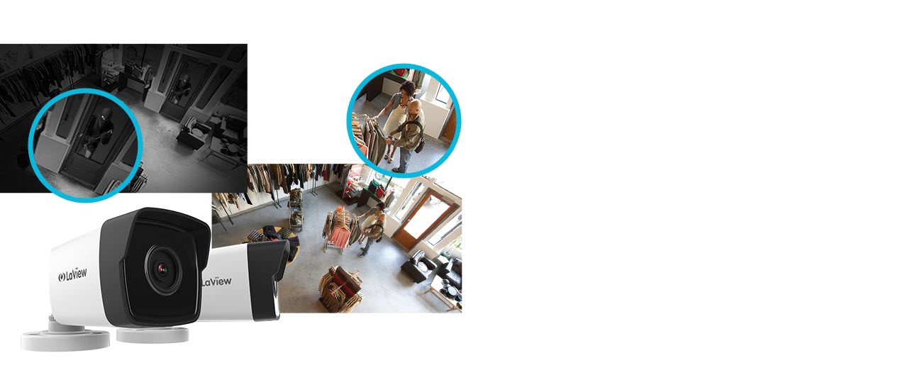 Two LaView LV-HBK9180W Security Cameras Angled to the Right Showing Shots of a Night Time Burglary and Day Time Clothing Store Shopping