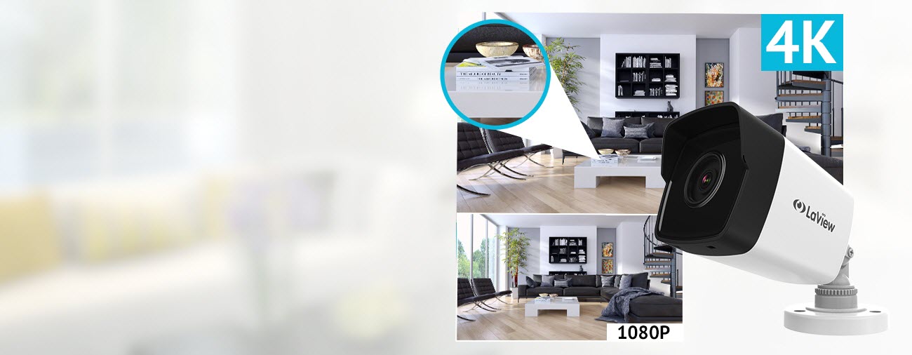 LaView LV-HBK9180W Security Camera Angled Up to the Left with 4K and 1080p Images of a Modern Living Room