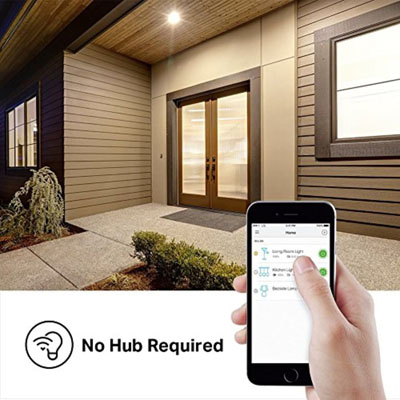 A smartphone with the kasa smart app open in front of a home's front doorway along with graphics and text that indicate no hub is required
