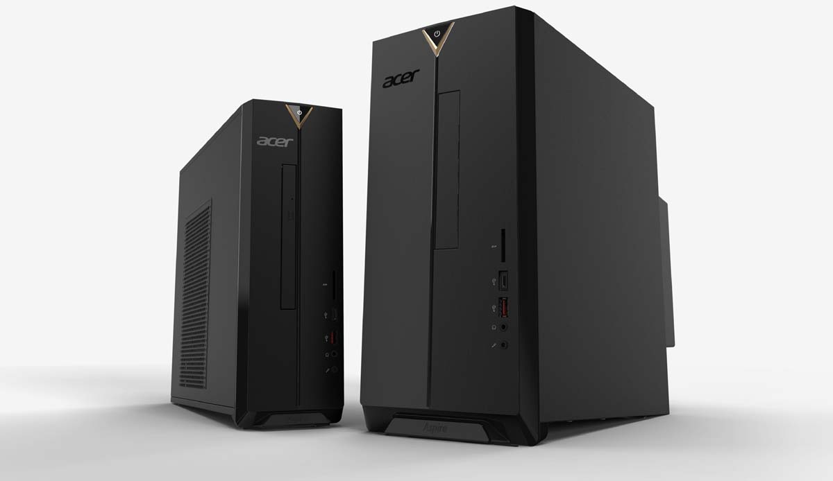 Two Different Sizes of the Acer Aspire Desktop PCs Angled Towards Each Other