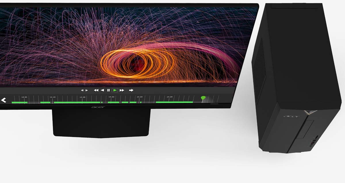Overhead View of the Acer Aspire TC Desktop PC Next to an Acer Monitor with a Movie Editor Open