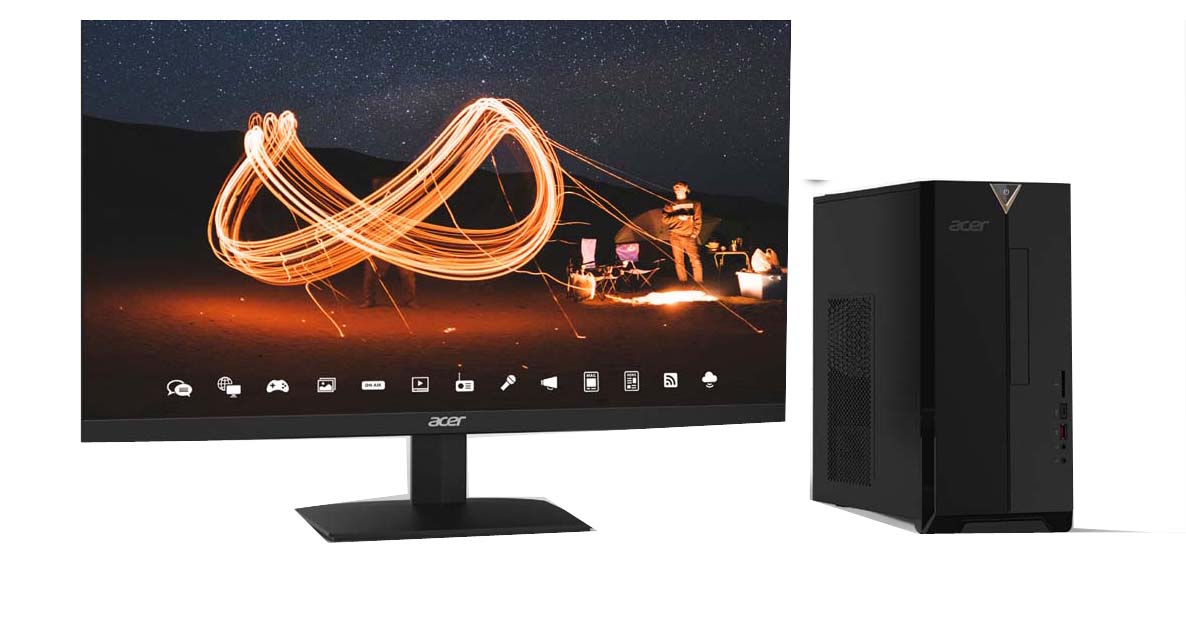 Acer Aspire TC Desktop PC Angled to the Right Next to an Acer Monitor Showing a Light Show by an Outdoor Camp Site
