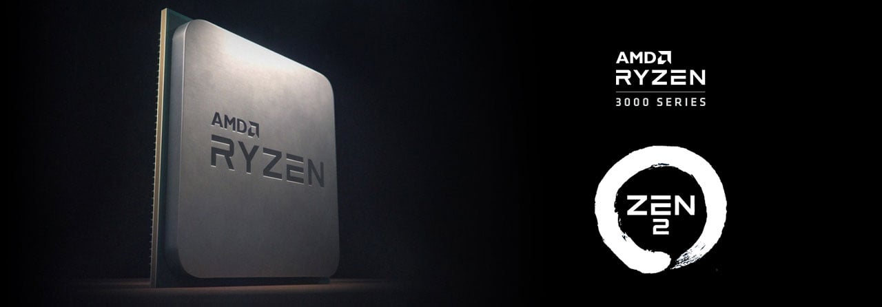 At the left part of this image is the front angle view of an AMD Ryzen process in standing position. At the right is a Zen 2 logo and texts reading as “AMD Ryzen 300 series”