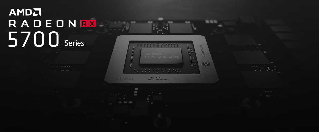 Top angle view of an AMD Radeon GPU on a PCB, surrounded by graphics memory chips