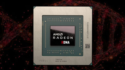 Front view of AMD Radeon RDNA GPU in standing position, with a clipart of double helix structure of DNA in the background