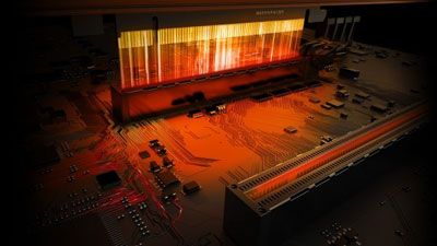 Illustration showing two PCIe slots on a motherboard, with a card above being plugged into one of the two slots. Between the card and the slot are lighting path indicating blazing fast data transfer