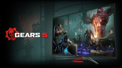 Front angle view of a gaming monitor, showing game scene of Gears 5
