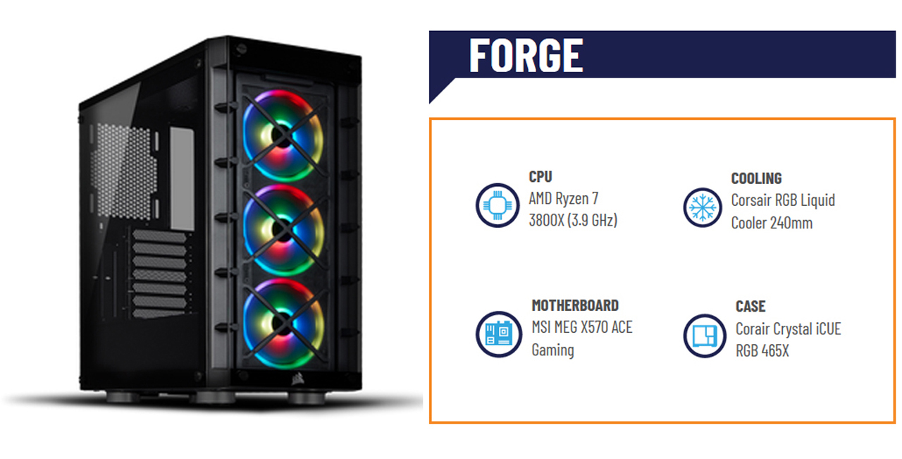 ABS Forge - Ryzen 7 3800X - Corsair RGB Liquid Cooler side view and CPU icon, COOLING icon, MOTHERBOARD icon, CASE icon