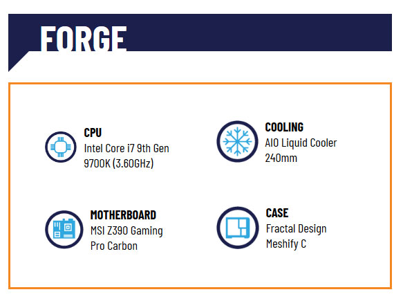 ABS FORGE | CPU: Intel Core i7 9th Gen 9700K (3.60GHz) | COOLING: AIO Liquid Cooler 240mm | Motherboard: MSI Z390 Gaming Pro Carbon | Case: Corair Fractal Design Meshify C