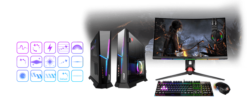 MSI Trident X Desktop PCs Next to a Gaming Monitor, Keyboard and Mouse and Several Icons representing different lighting modes