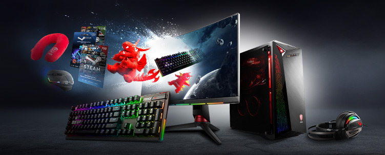 MSI Products Including: Keyboard, Monitor, Desktop Tower and Headset, numerous gifts are flying from the monitor screen