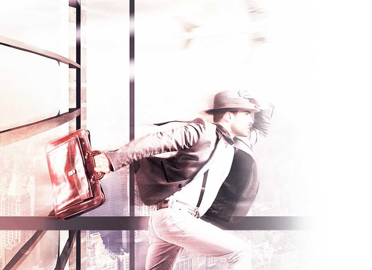 A man is runing to hint fast SSD spped.