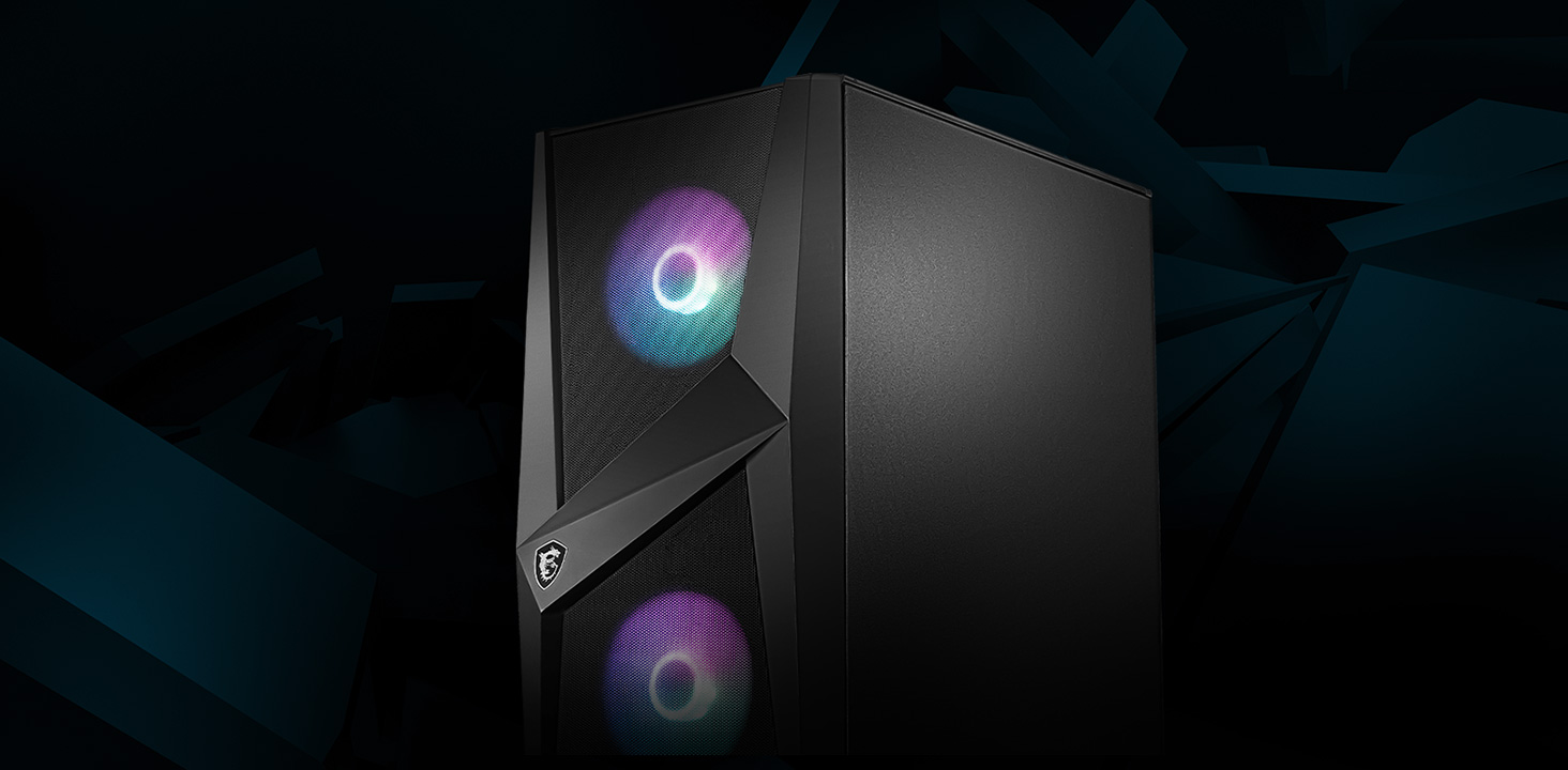 Front view, angeled to left a little. Two RGB fans can be installed in front panel.
