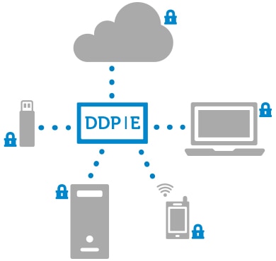 DDPIE Connecting to Icons for: USB Flash Drive, Cloud Computing, Open Laptop, Smartphone and Desktop Tower PC