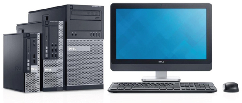 Three Dell Optiplex 9020 Desktop PCs from small to large form factors, next to a dell-branded monitor, keyboard and mouse