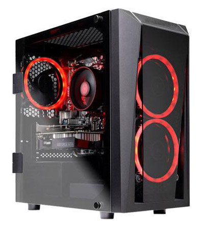 SkyTech Blaze II gaming desktop PC tilted to the left to show addressalbe RGB fans illuminating red light