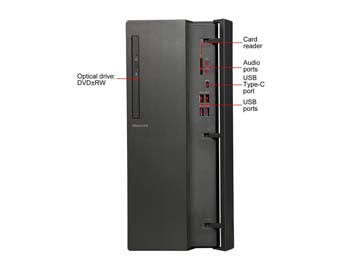 The Lenovo IdeaCentre 510A Desktop Computer facing forward showing the card reader, optical drive, audio ports, USB Type-C and four USB ports