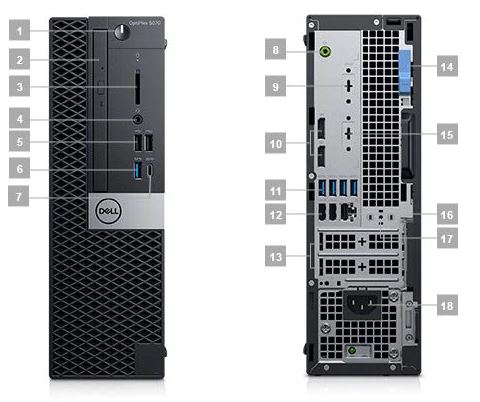 Two small form factor desktops with one facing front and the other facing back have all ports marked with numbers.