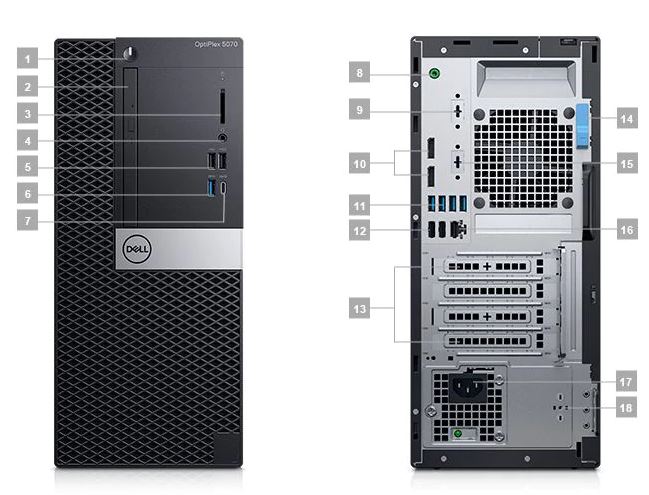 Two tower desktops with one facing front and the other facing back have all ports marked with numbers.