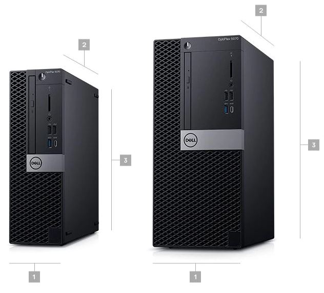 Two desktops facing front with one small form factor and the other tower have all sideds marked with numbers