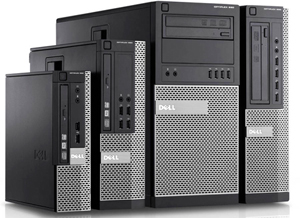Front left angle view of the OptiPlex 990 in four form factors, front left to right: Minitower (MT), Desktop (DT), Small Form Factor (SFF) and Ultra Small Form Factor (USFF)