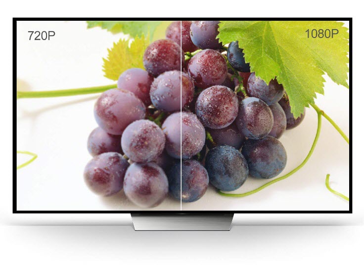 a large display showing the difference between 720p and 1080p resolution