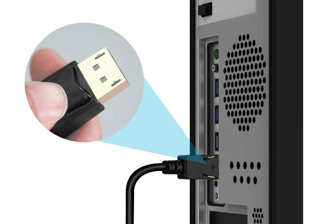 Kaybles DP-HDMI cable plugged into the rear panel of a PC