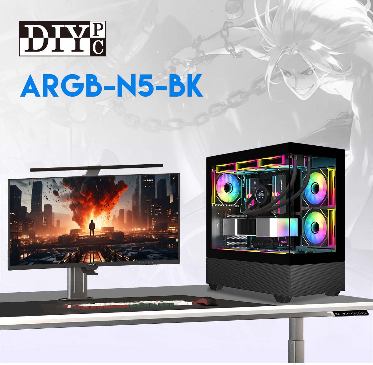 DIYPC ARGB-N5-BK Black Steel / Tempered Glass ATX Tower Cases 