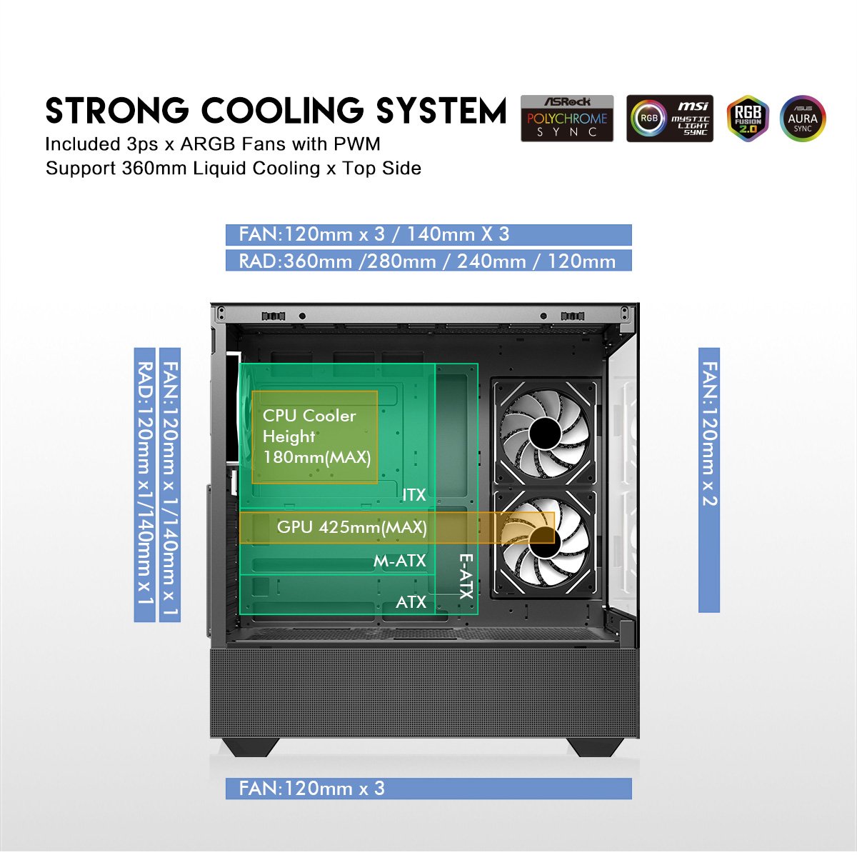 DIYPC ARGB-N5-BK Black Steel / Tempered Glass ATX Tower Cases 