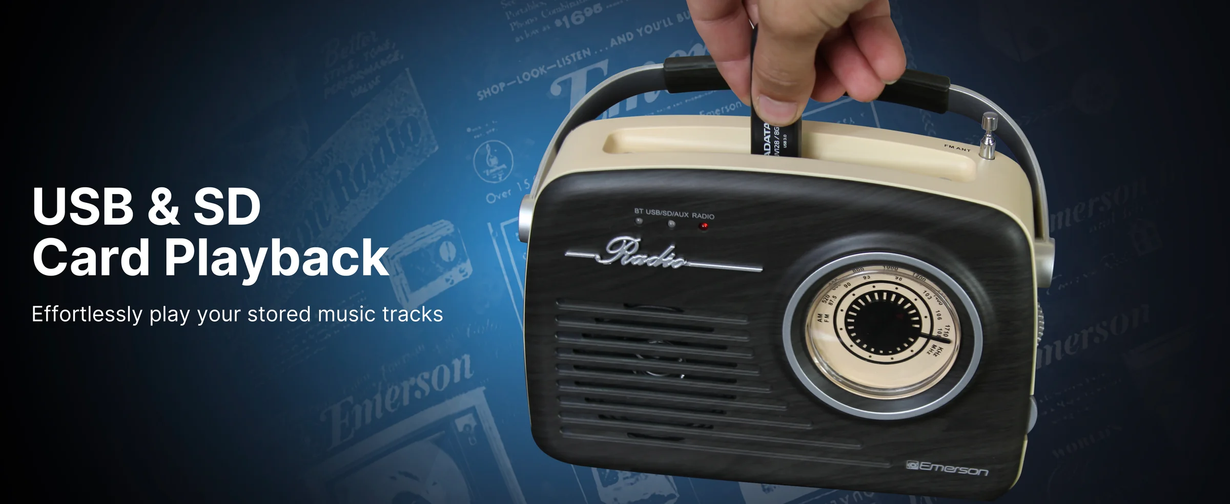 Emerson EAS-3002 Portable Retro Radio with Built-in Rechargable Battery