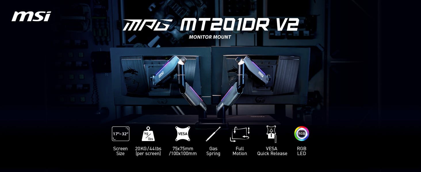 MSI MPG MT201DR V2 Premium RGB Dual Monitor Stand Arms