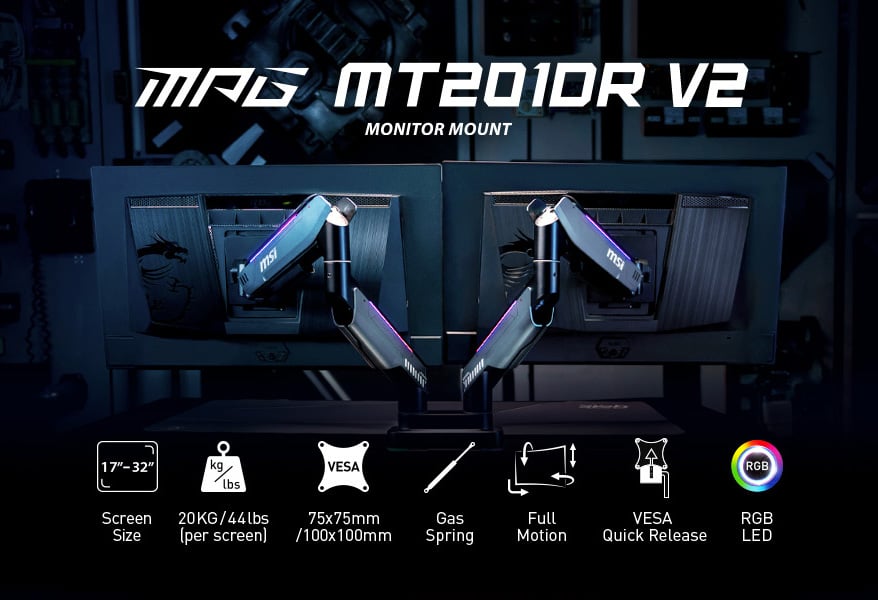 MSI MPG MT201DR V2 Premium RGB Dual Monitor Stand Arms