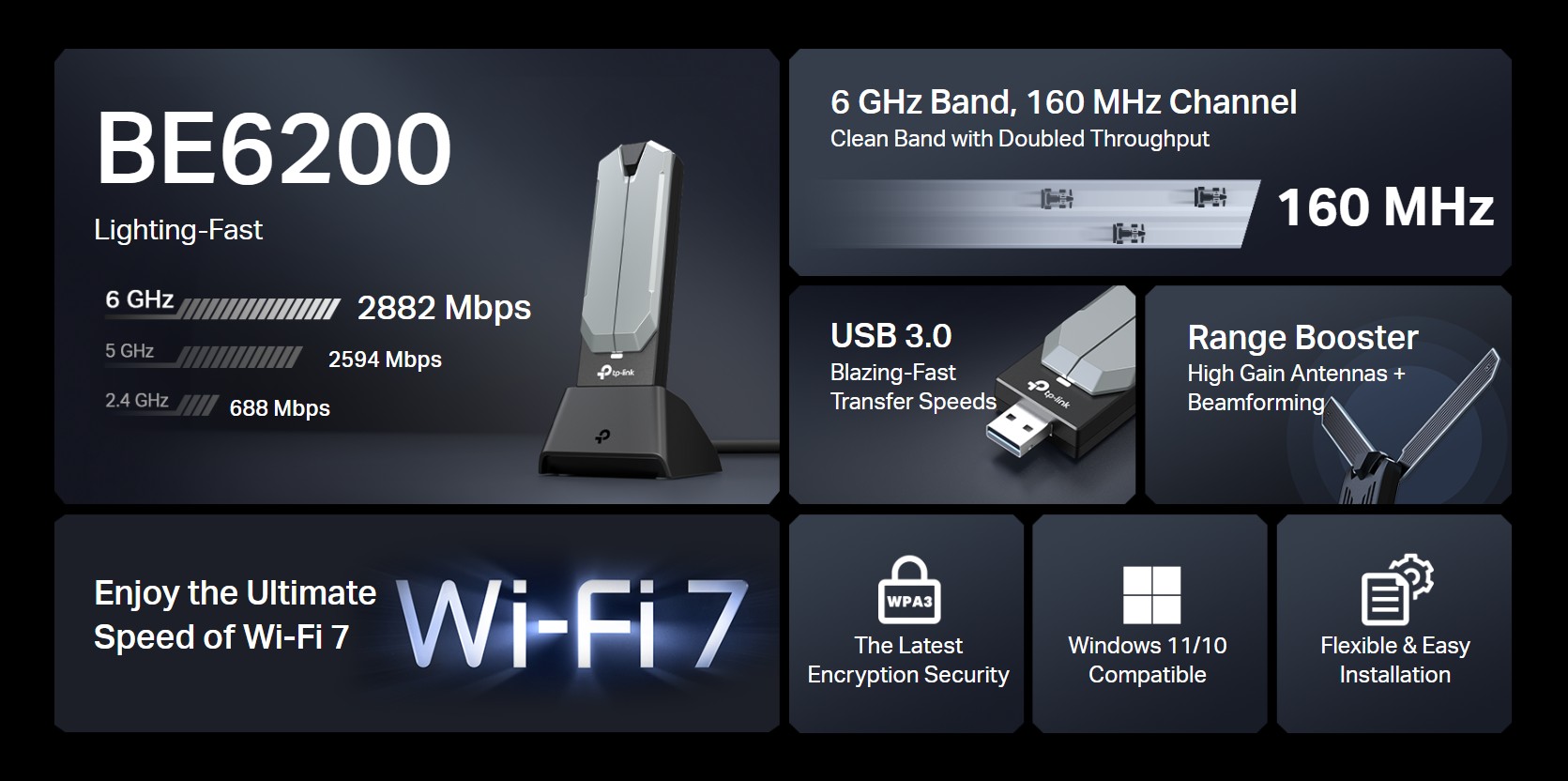 TP-Link BE6200 Tri-Band Wi-Fi 7 Wireless USB 3.0 Adapter Archer TBE401UH