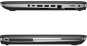 Left and right side view of closed HP ProBook 640 G2, showing ports and slots