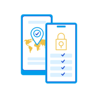 Two phones with one phone showing a lock and the other showing a place.