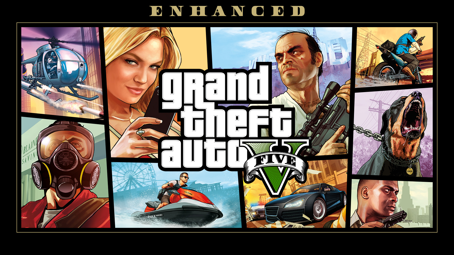 The poster of Grand Theft Auto V and the poster of Criminal Enterprise Starter Pack are combined together