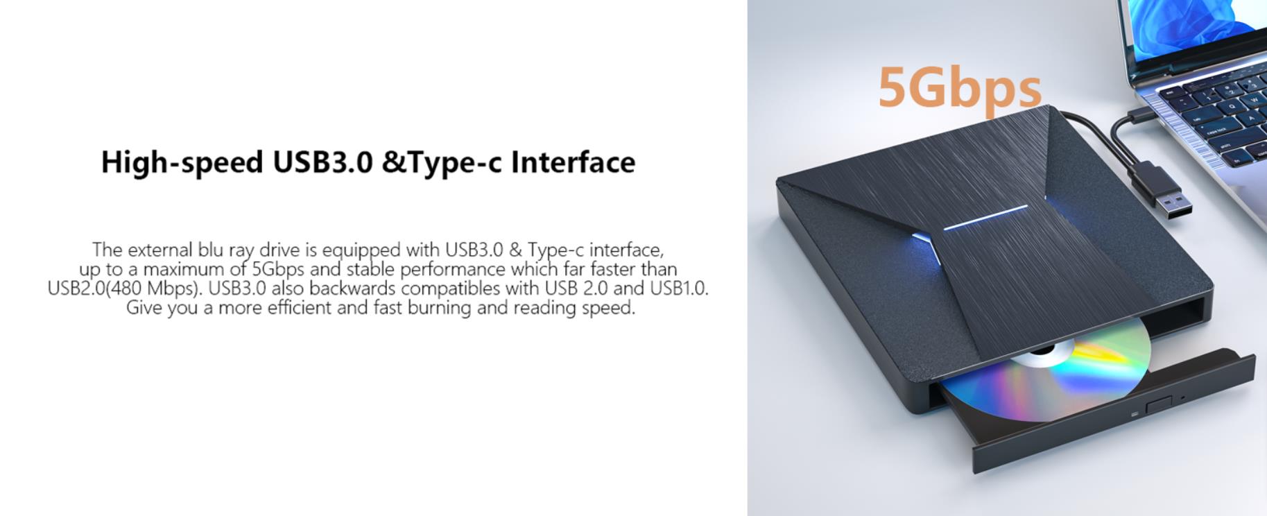 External Blu Ray Drive, USB 3.0 and Type-C External Blu-Ray CD DVD Drive, Blu-ray Reader 3D