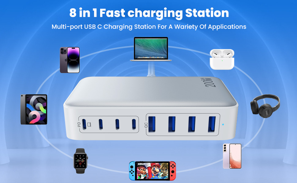 200W USB C Charger with 8 Port Fast Charging Station 65W Laptop Power Adapter Safe Protection-Smart