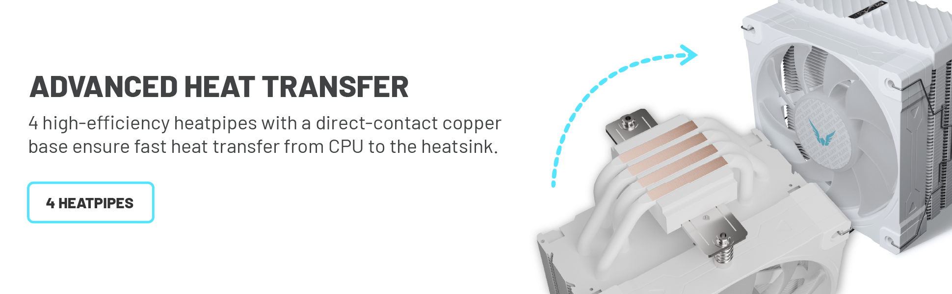Optimized Fin Stack with 4 Heatpipes: A 48-fin aluminum heatsink with 2.15 mm spacing and four compo