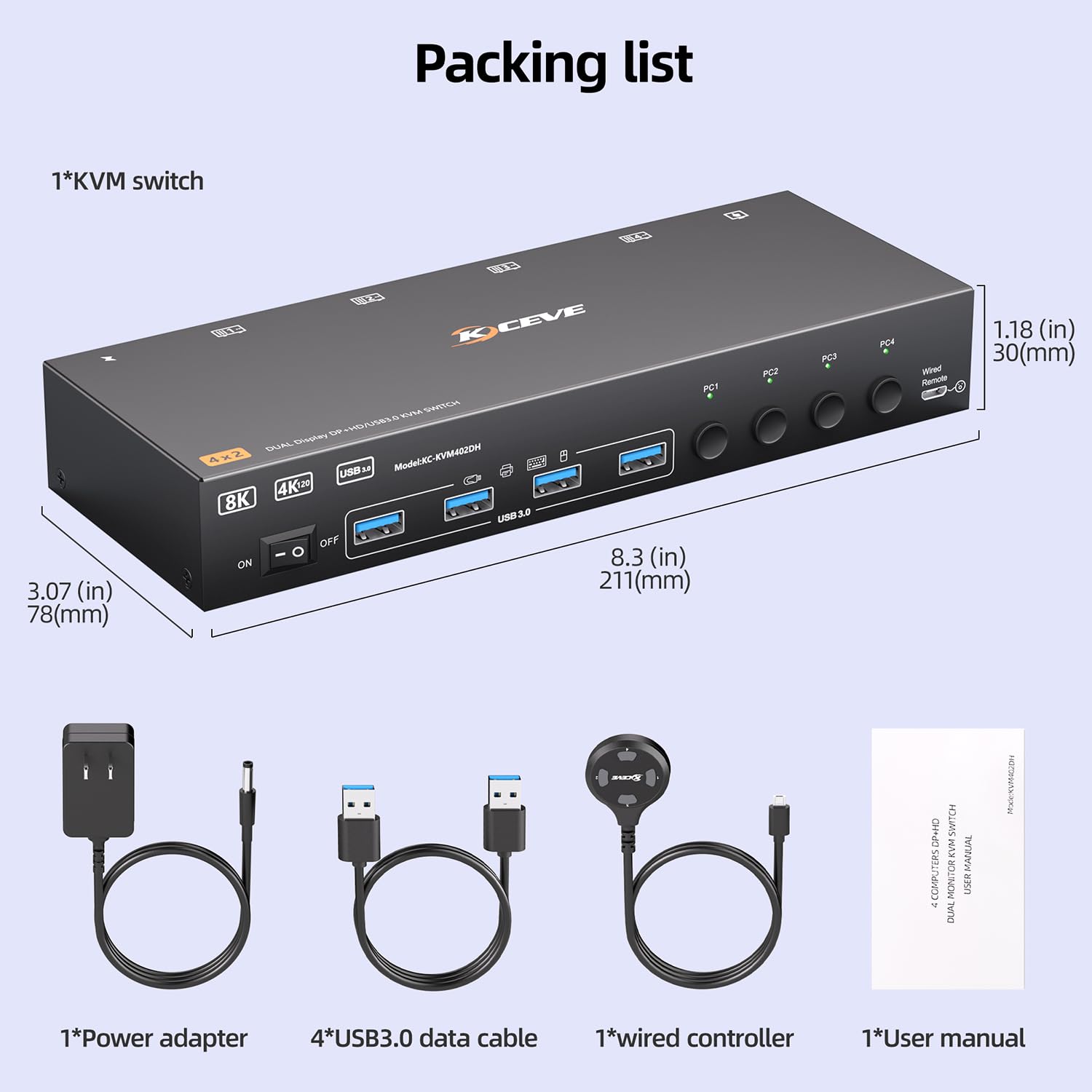 Dual monitor KVM switch with 4 USB 3.0 ports which can recognize keyboard,mouse,printer,scaner and o