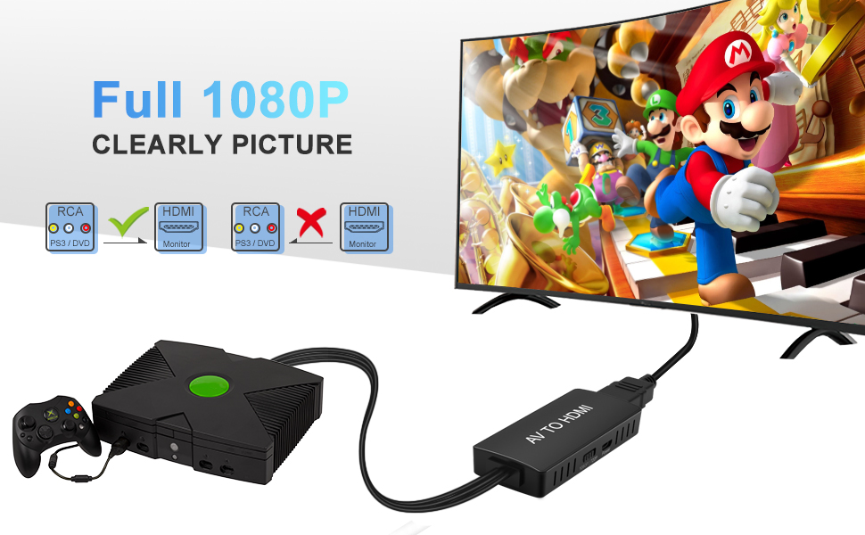 RCA to HDMI Converter, Analog Composite to HDMI Adapter, Compatible with PS One, PS2, PS3, Nintendo 64, STB, VHS, VCR, Blue-Ray DVD Players Projector, Support PAL/NTSC with USB Charge Cable 1 image for this item