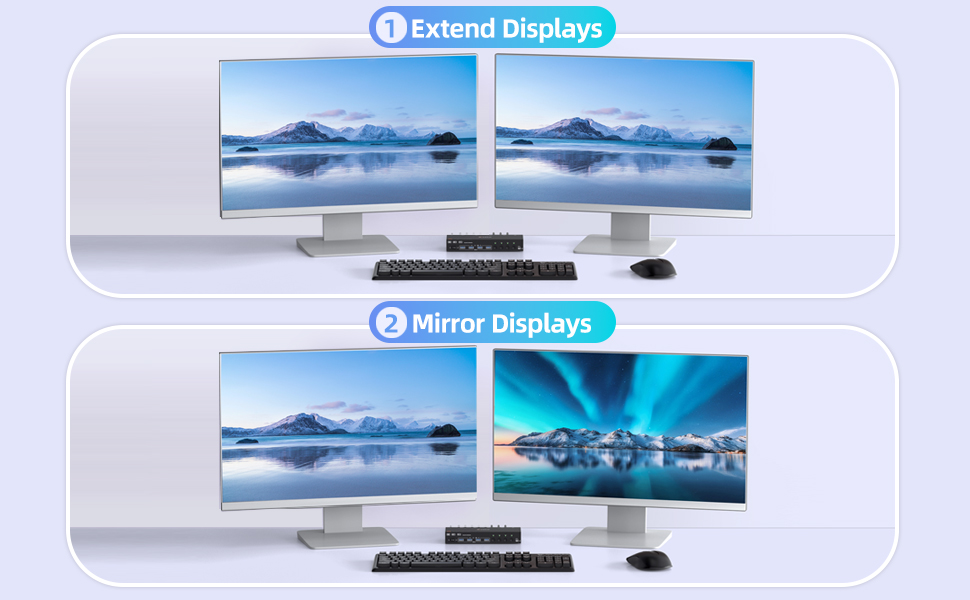 A set of wired/wireless keyboard mouse controls 4 computers, sharing 2 monitors, suitable for users