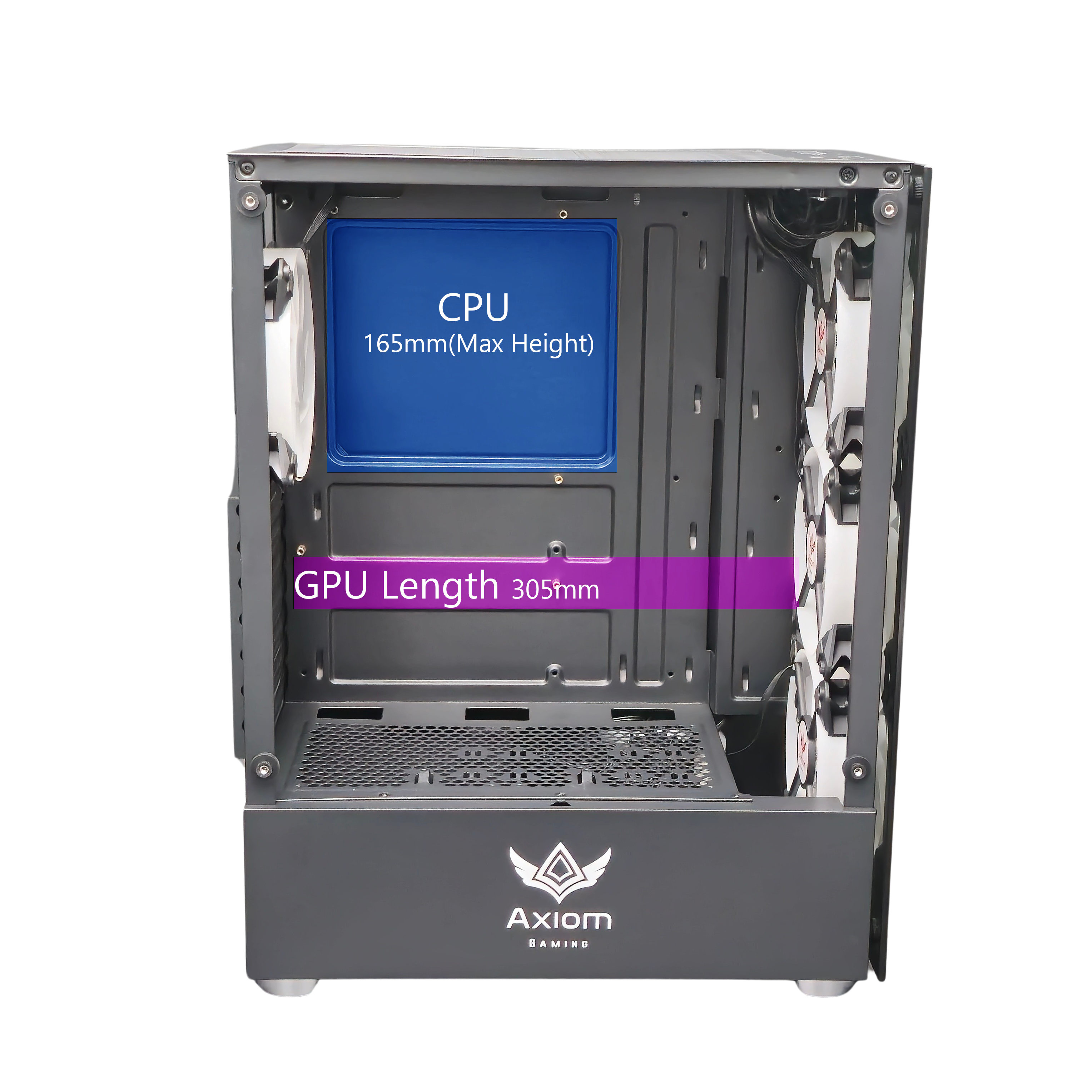 Black Axiom Gaming case showing CPU Heatsink limit of 165 mm limit and 305 mm GPU limit length