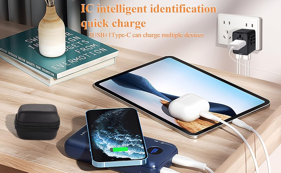The Universal Travel Adapter has 4 built-in international connectors (UK / US / EU /