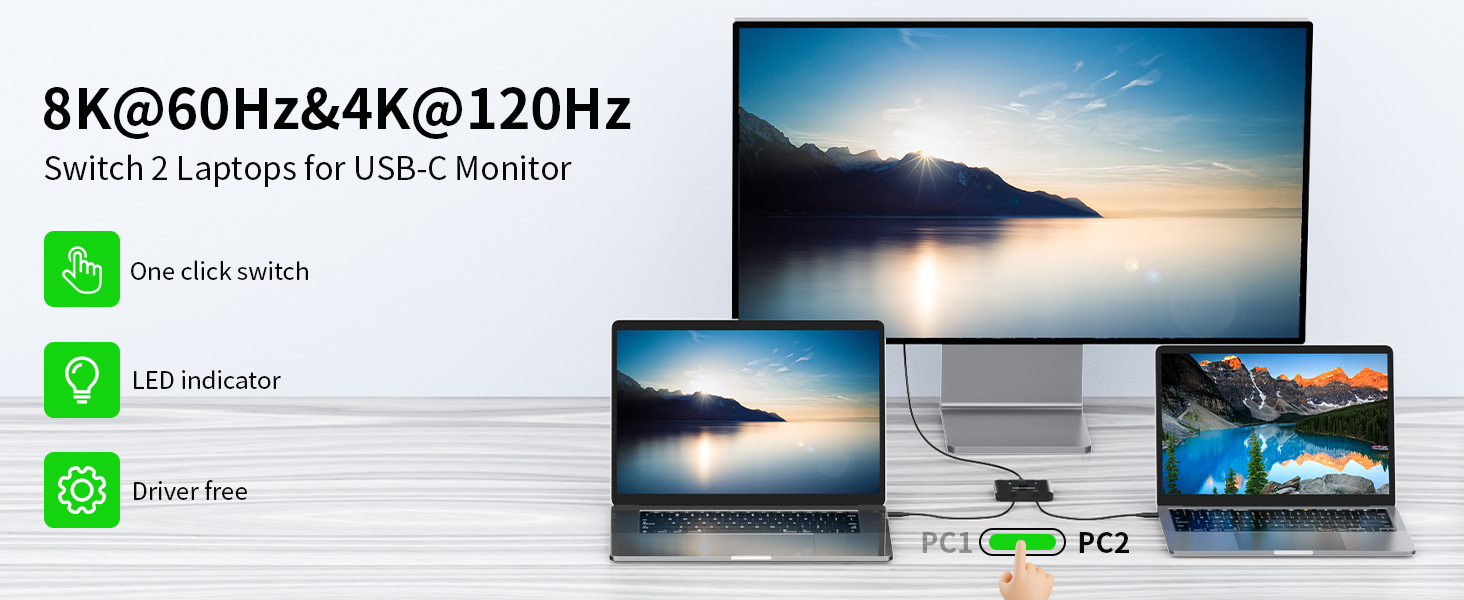 USB C Switch, Bi-Directional USB C Switcher 2 Computers, Type C KVM Switch 8K@60Hz 4K@120Hz Video/10